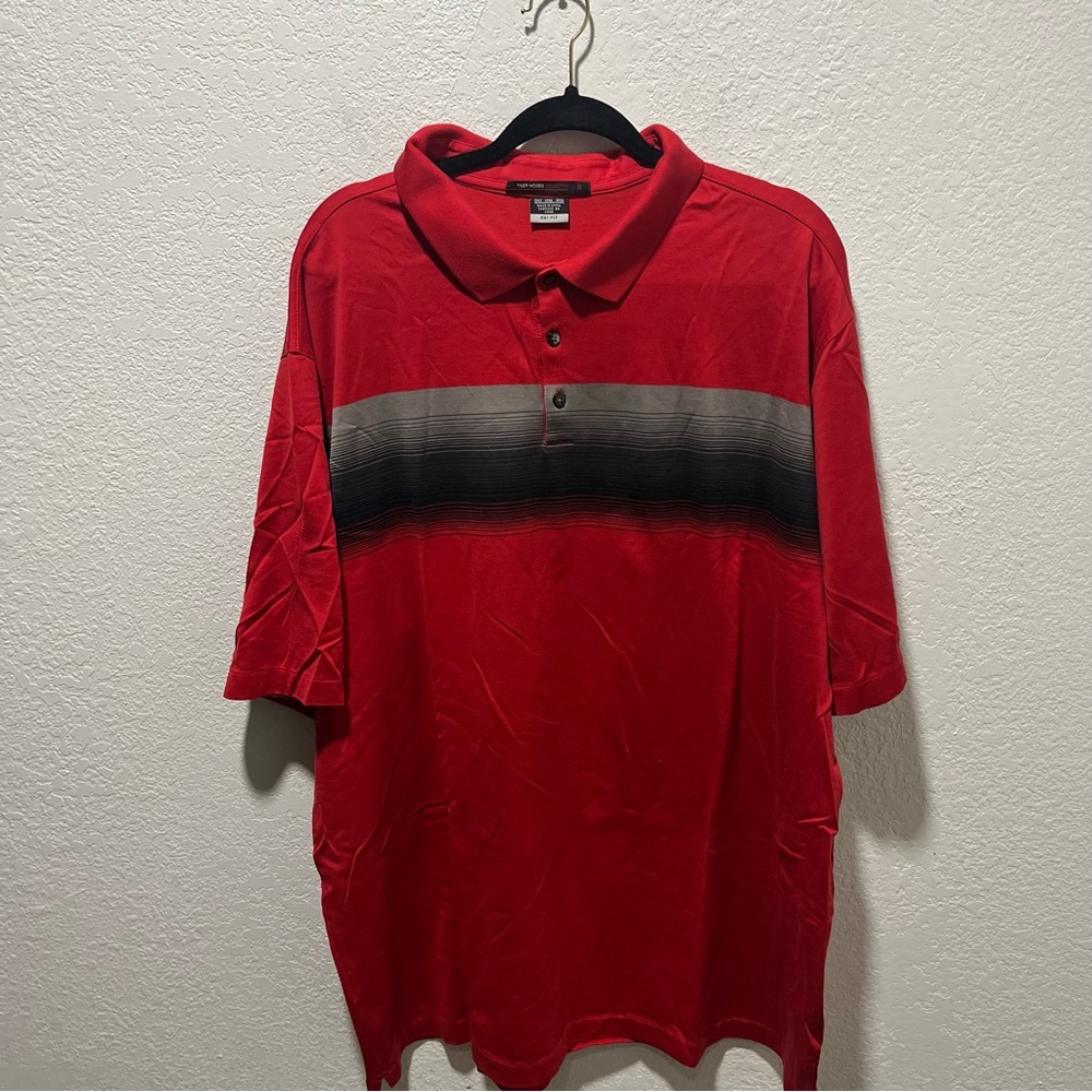 Tiger Woods Collection Classic Red Polo Shirt with Black & Gray Stripes